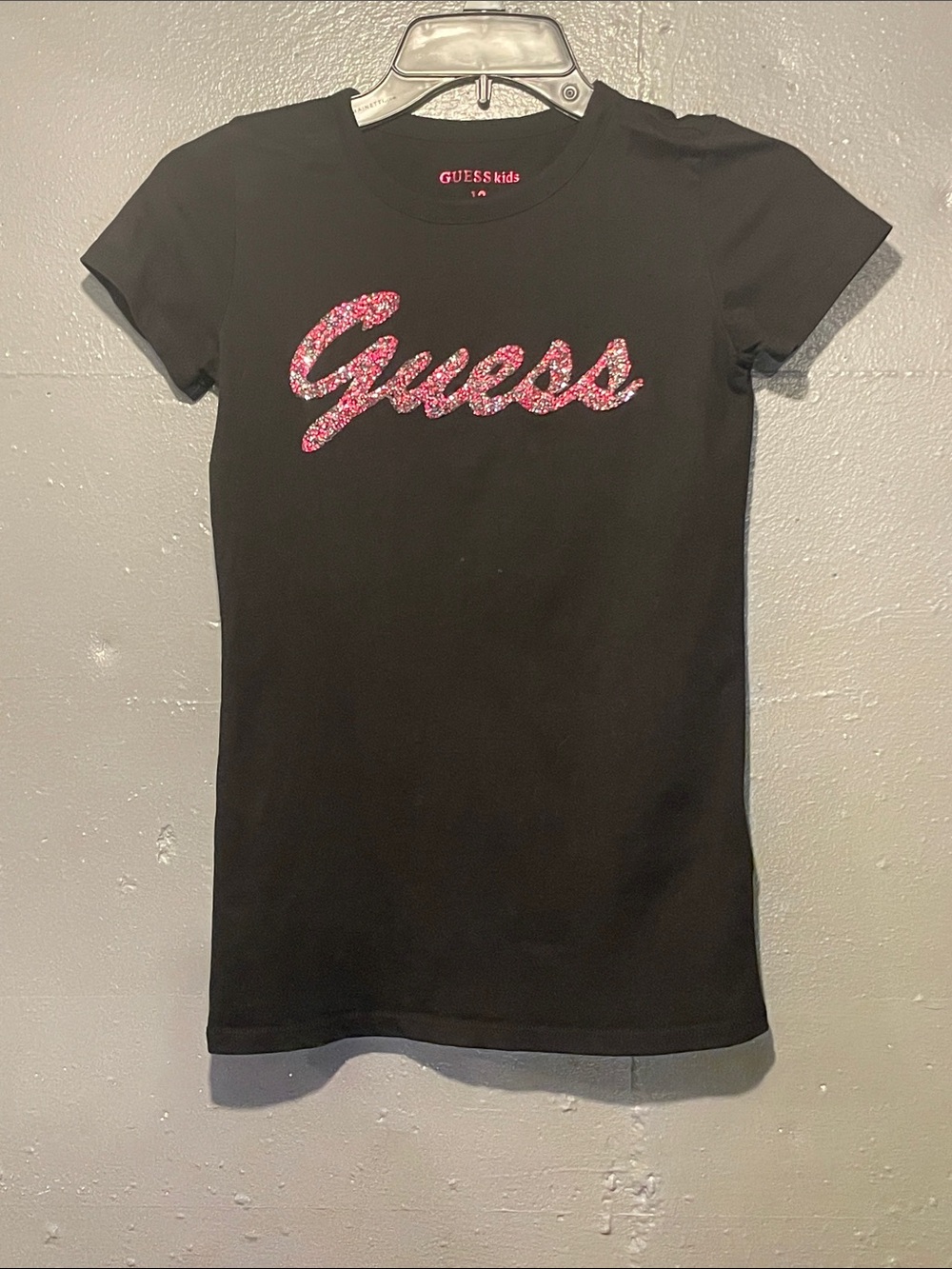 Guess Black Tee with Pink Sequin Script Logo